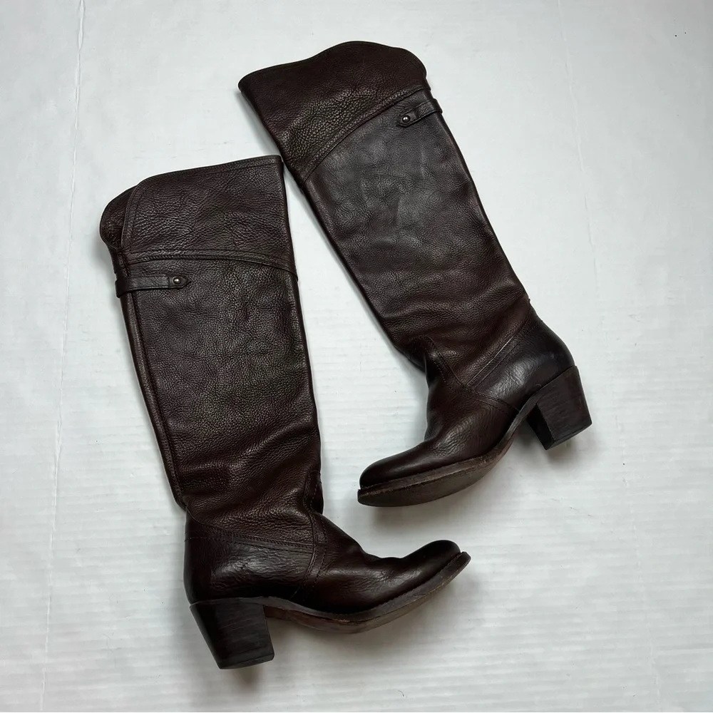 FRYE 77595 JANE TALL CUFF BROWN LEATHER BOOTS 7